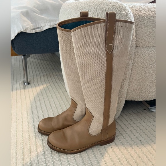 Marc Jacobs Tan Leather Cream Canvas Knee High Riding Boots - Picture 2 of 9